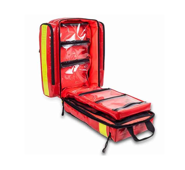 Botiquin mochila de rescate y emergencias Tarpaulin rojo con compartimentos plásticos
